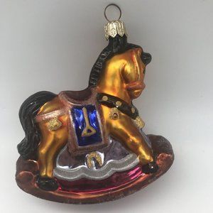 1996 Christopher Radko Gold Rocking Horse Glittery Christmas Ornament